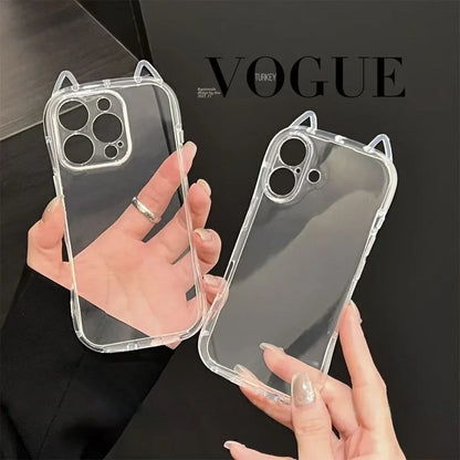 3D Hollow Cat Ears Clear Phone Case – Shockproof Airbag Cover for iPhone 11–17 Pro Max, XS/XR/X – Cute Protective Case