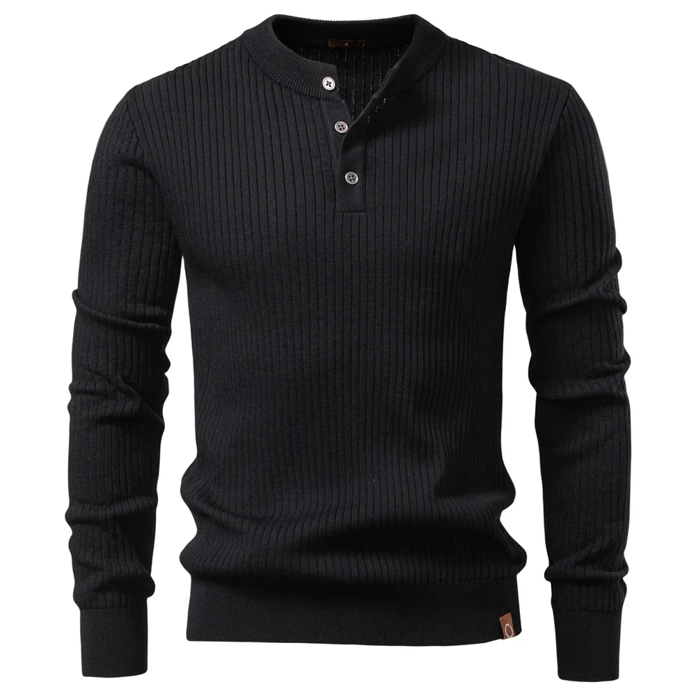 Men's Ribbed Stripe Polo Shirt - Long Sleeve Button Placket Premium Business Casual Top