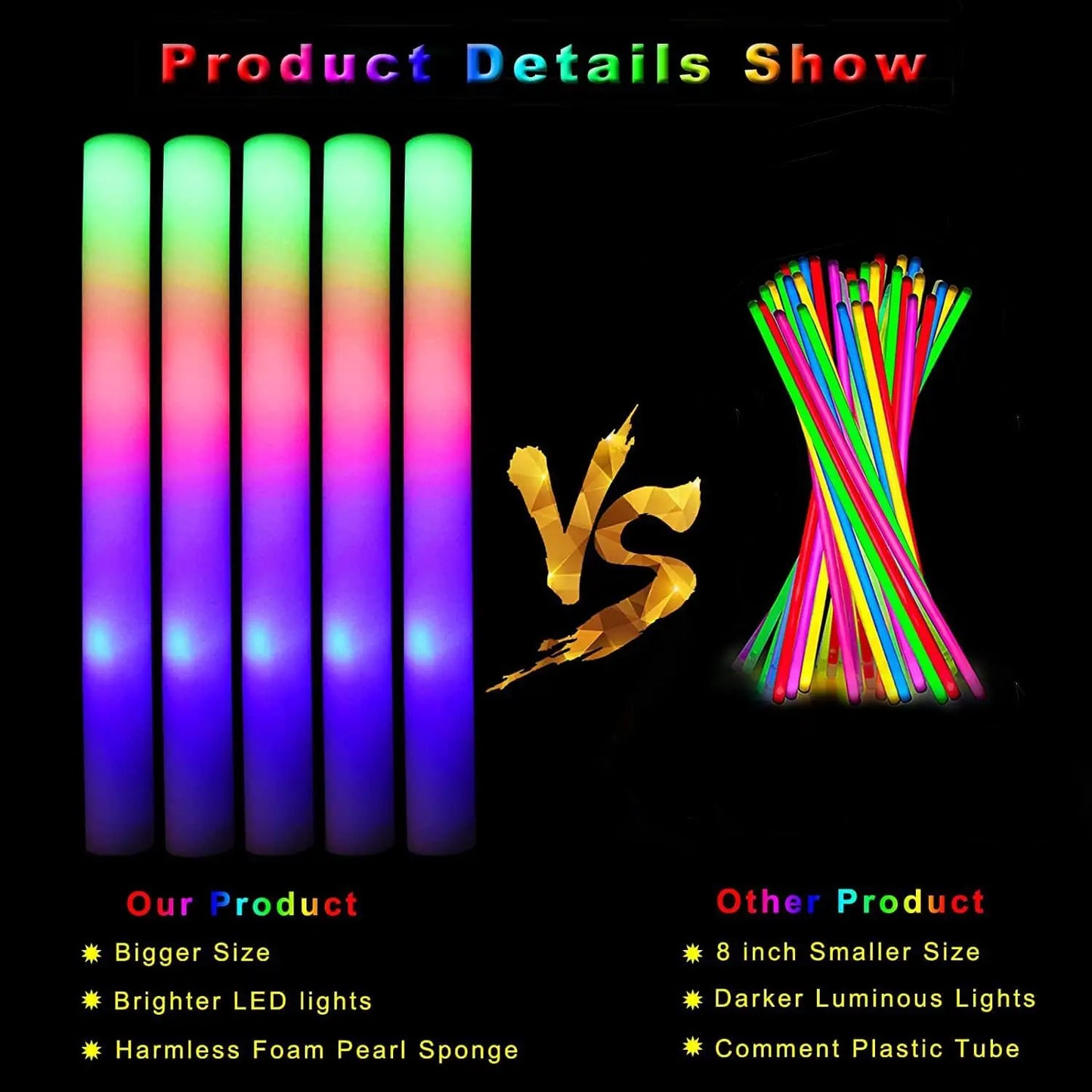 30 Pcs Foam LED Glow Sticks – Colorful Flashing Glow in the Dark Party Supplies for Weddings, Raves & Concerts