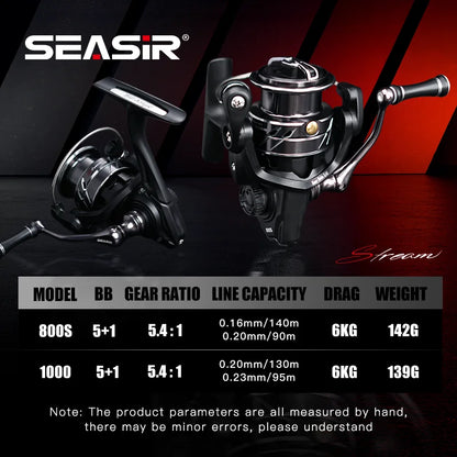 SEASIR Stream Spinning Reel - 139g Ultralight Fishing Wheel with Carbon Washers, 5+1BB & 5.4:1 Gear Ratio