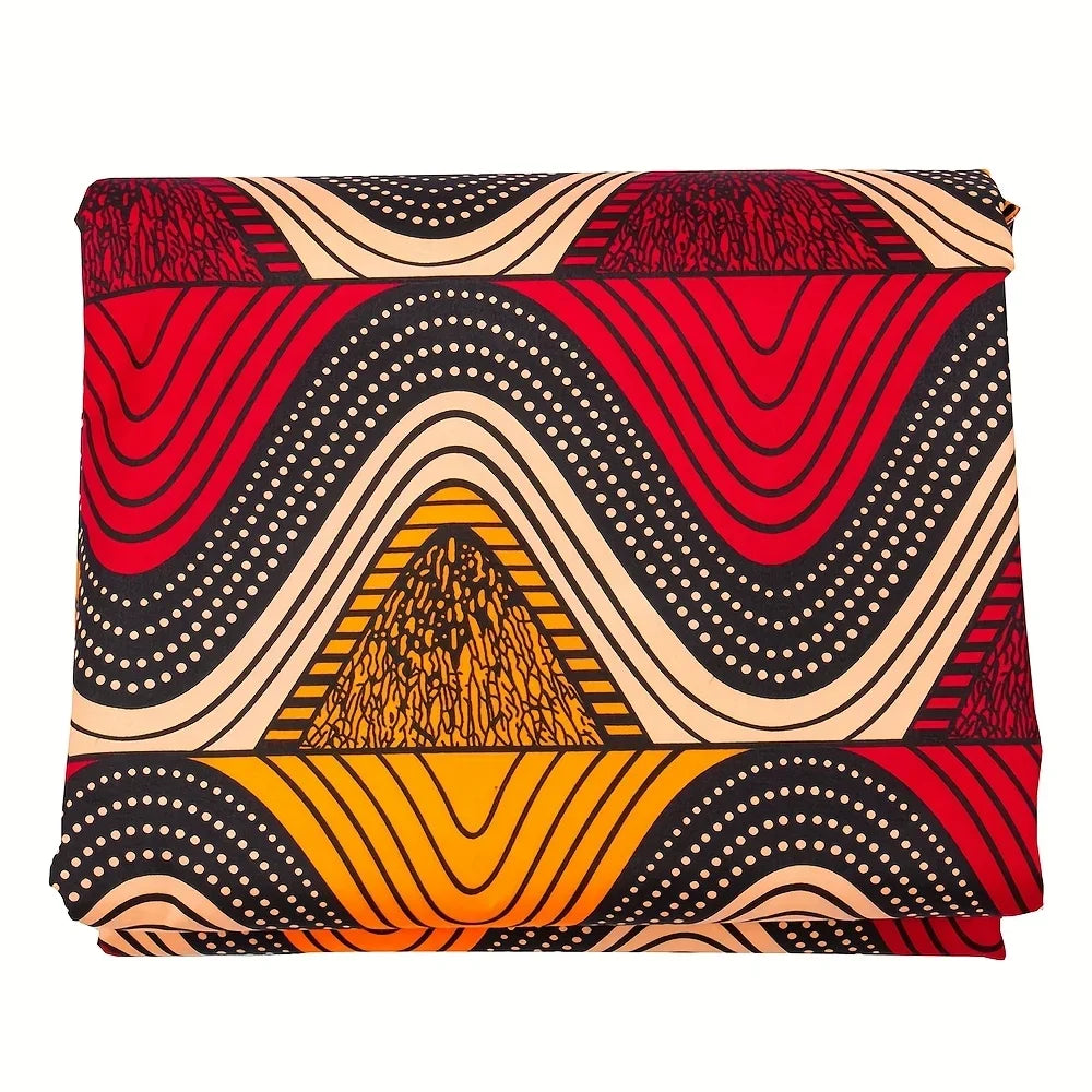 6 Yards African Ankara Batik Fabric - Red Yellow Geometric Wave Polyester Sewing Material