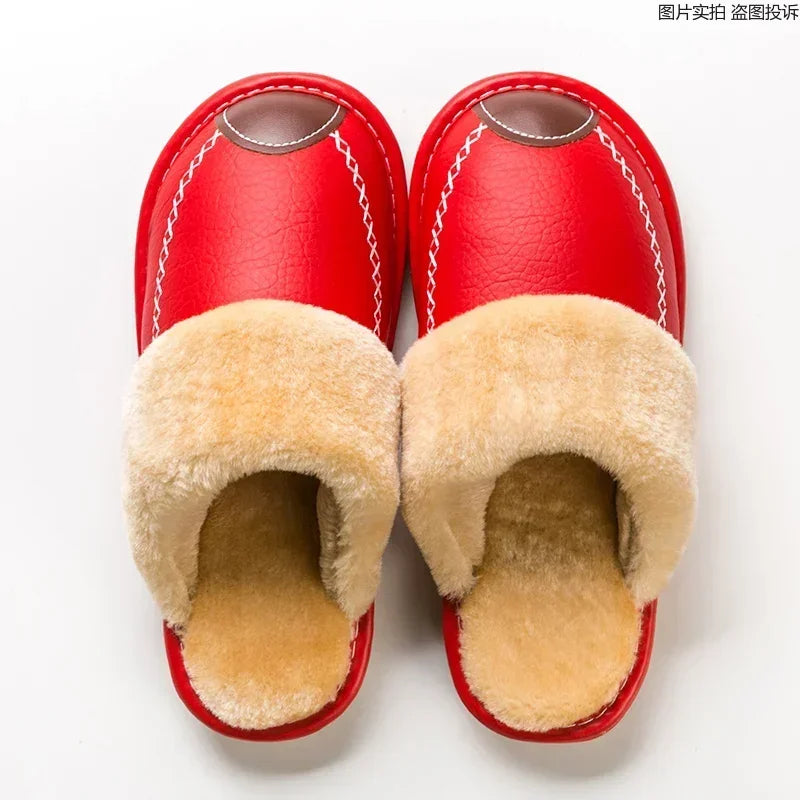 Men & Women Winter PU Leather Slippers — Black Waterproof Indoor Home Shoes, Warm Cozy House Slippers