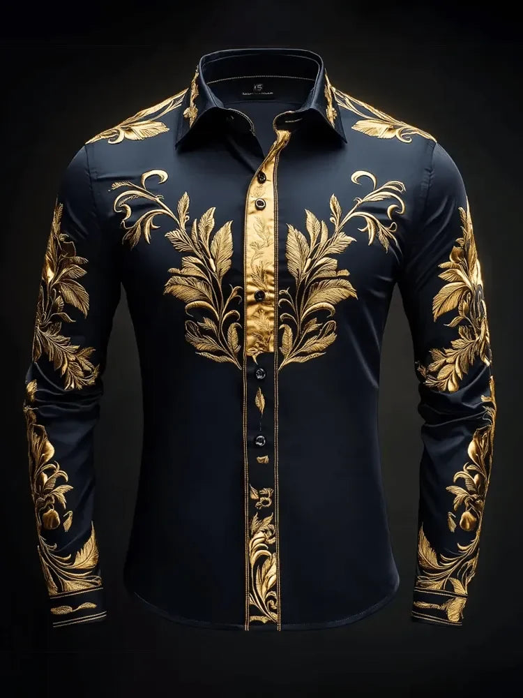 Men’s Geometric Diamond Wings Shirt - Orange Bottom Printed Long Sleeve Satin Collar Dress Shirt