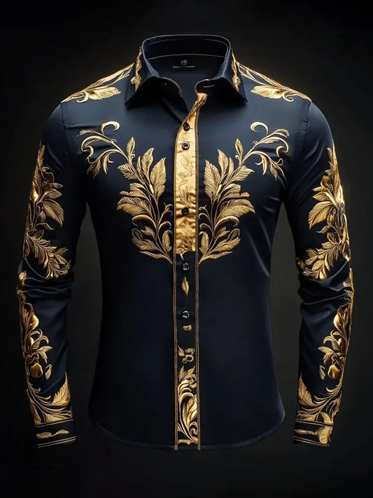 Men’s Geometric Diamond Wings Shirt - Orange Bottom Printed Long Sleeve Satin Collar Dress Shirt