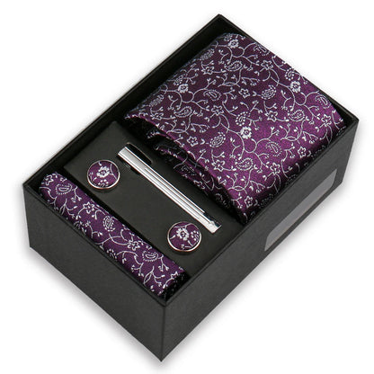 Men’s Fashion Tie Set Gift Box - 8cm Necktie with Handkerchief Cufflinks & Clip for Formal Business Suit Accessories
