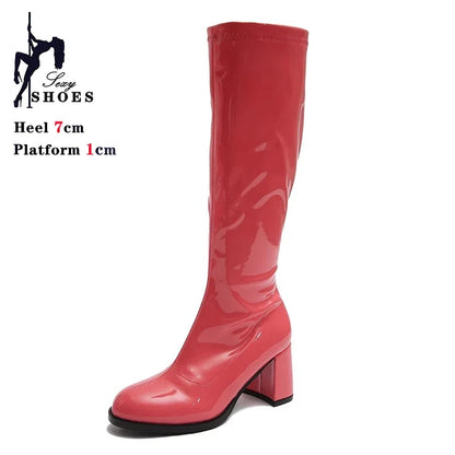 Women’s 7cm Retro Gogo Boots - 60s 70s Knee-High Square Heel Party Boots with Zip Size 44-45