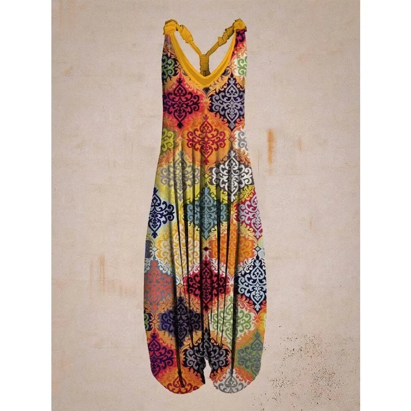 Bohemian Wide Leg Jumpsuit - Vintage Mandala Paisley Print Loose Fit Backless Women Harem Romper