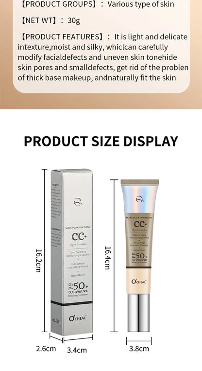 Ocheal 30g CC Cream Foundation – Waterproof Concealer, SPF 50+ Moisturizing Sunscreen, Long-Lasting Brightening Makeup Primer