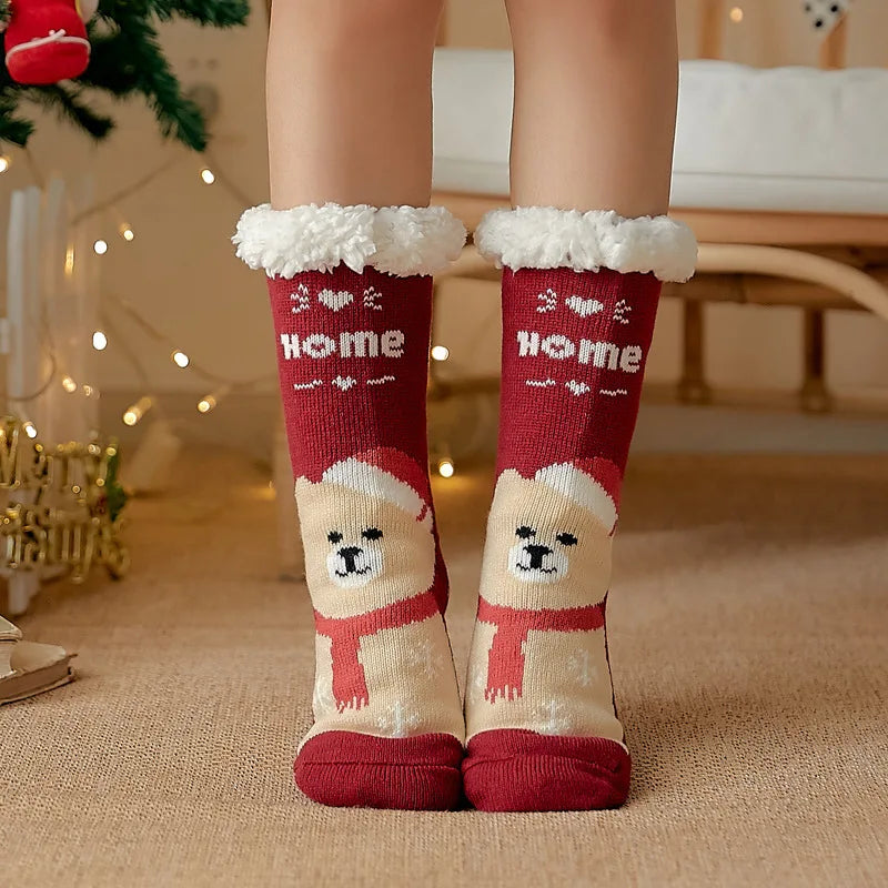 Winter Plush Women’s Non-Slip Floor Socks – Fuzzy Soft Penguin, Deer, Elk & Bear Slippers, Cozy Christmas Gift