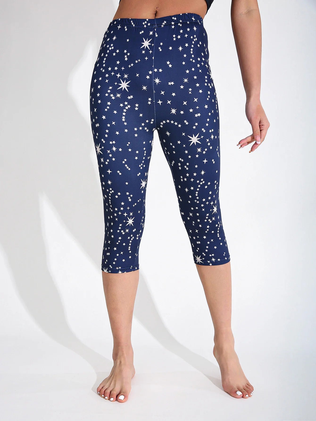 Women Starry Print High Elasticity Capri Leggings, Slim Fit Yoga Pants for Spring Summer Fitness & Active Wear