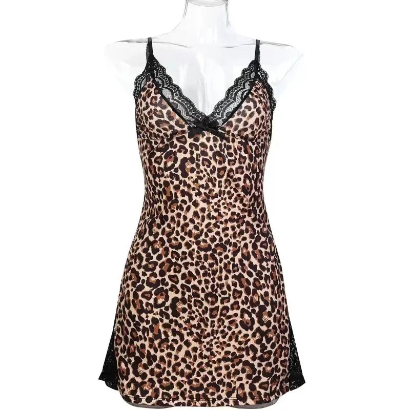 Women’s Sexy Leopard Print Nightgown – Lace Slim Fit Summer Sleepwear Mini Dress, Nightshirt Pajamas Loungewear Outfit
