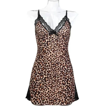 Women’s Sexy Leopard Print Nightgown – Lace Slim Fit Summer Sleepwear Mini Dress, Nightshirt Pajamas Loungewear Outfit