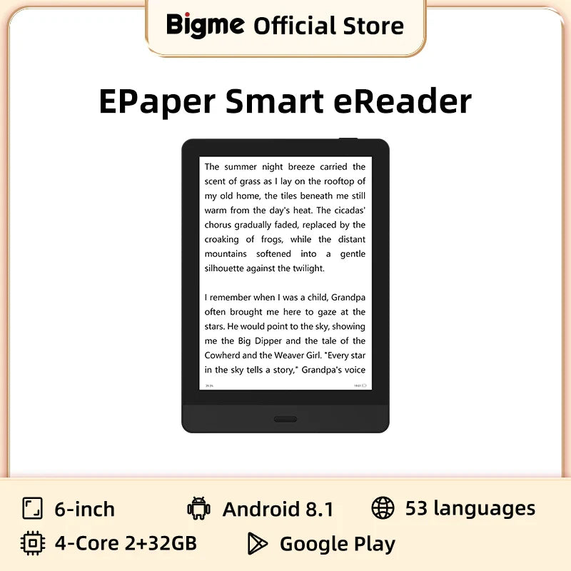Bigme Read 6″ E-Paper E-Book Reader — Portable Android E-Reader with Google Play & Kindle App Support