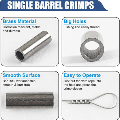 100-Piece Fishing Crimp Sleeve Kit - Single Barrel Wire Rope & Fishing Line Crimping Rings
