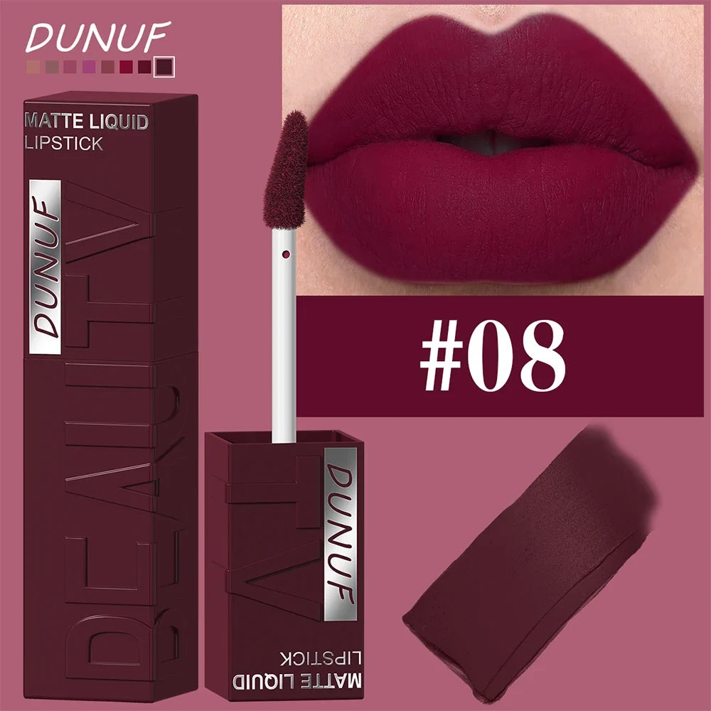 DUNUF Matte Velvet Lipstick - 8 Color Waterproof Plumping Square Tube Lip Gloss Makeup