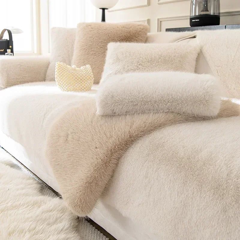 Rabbit Plush Sofa Seat Cover – Warm Non-Slip L-Shaped Couch Blanket & Cushion Slipcover for Living Room
