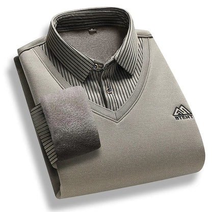 Men's Fleece Lined Polo Sweater - Fake Two-Piece Thick Winter Business Casual Pullover Top