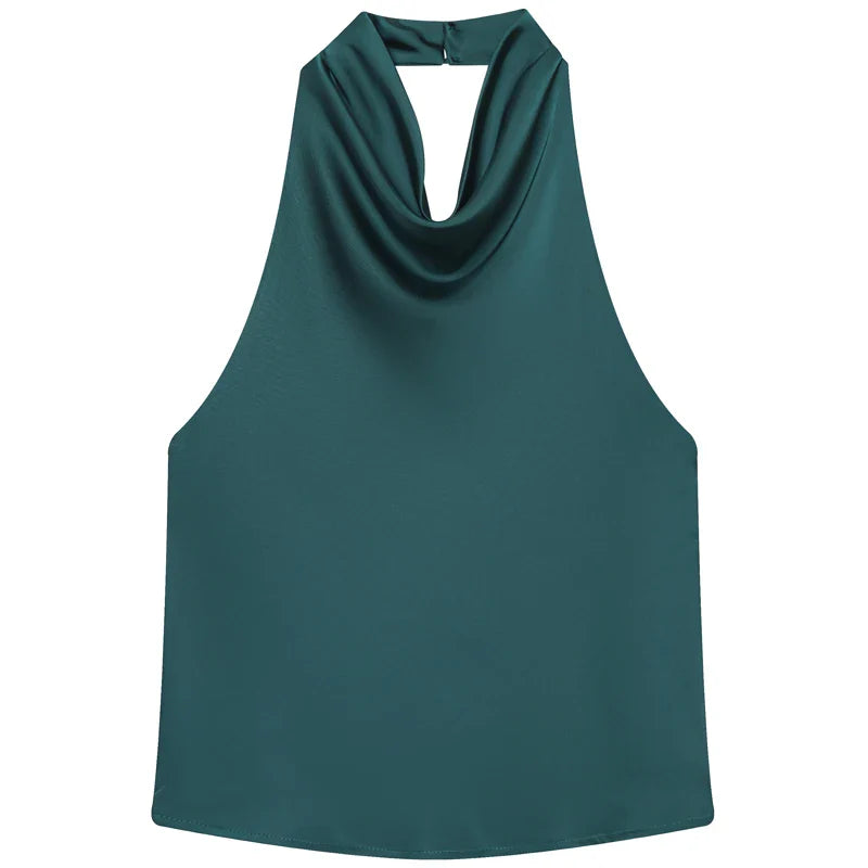HXAO Women’s Satin Halter Top – Summer 2025 Black & Yellow Crop Tank, Off-Shoulder Sleeveless Backless Vest