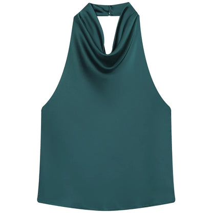 HXAO Women’s Satin Halter Top – Summer 2025 Black & Yellow Crop Tank, Off-Shoulder Sleeveless Backless Vest