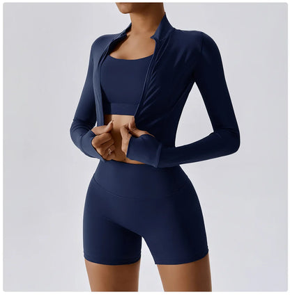 3PCS Women’s Yoga & Workout Set – Long Sleeve Zipper Top with High Waist Leggings Fitness Sportswear
