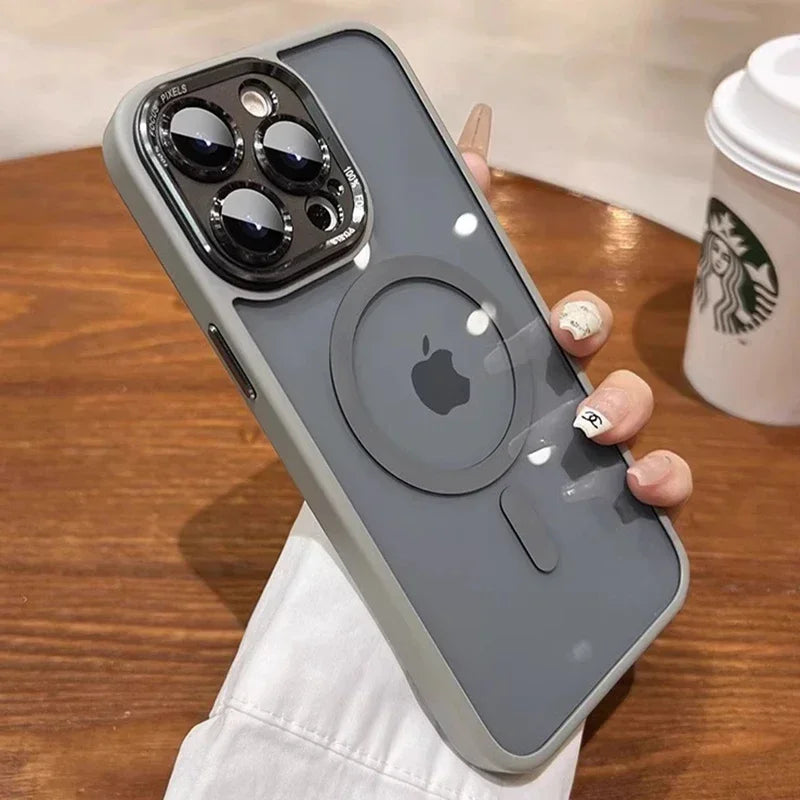 Luxury Magnetic Metal Lens Case – Hard Clear Protective Cover for iPhone 16, 15, 14, 13, 12, 11 Pro Max with Wireless Charging
