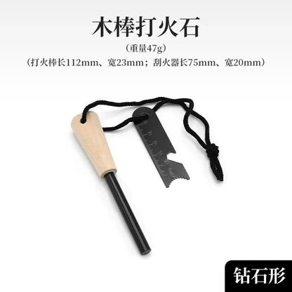 Wilderness Survival Flint Kit - Magnesium Fire Starter Stick with Wooden Handle for Camping Outdoor Emergency Gear