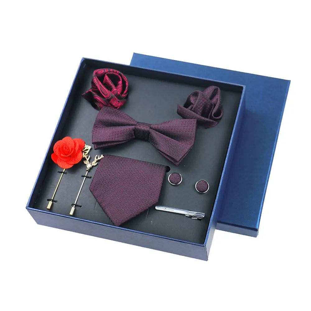 Men’s Luxury Silk Tie Set - 8cm Wedding Necktie with Bowtie, Pocket Square, Cufflinks & Floral Gift Box Accessories