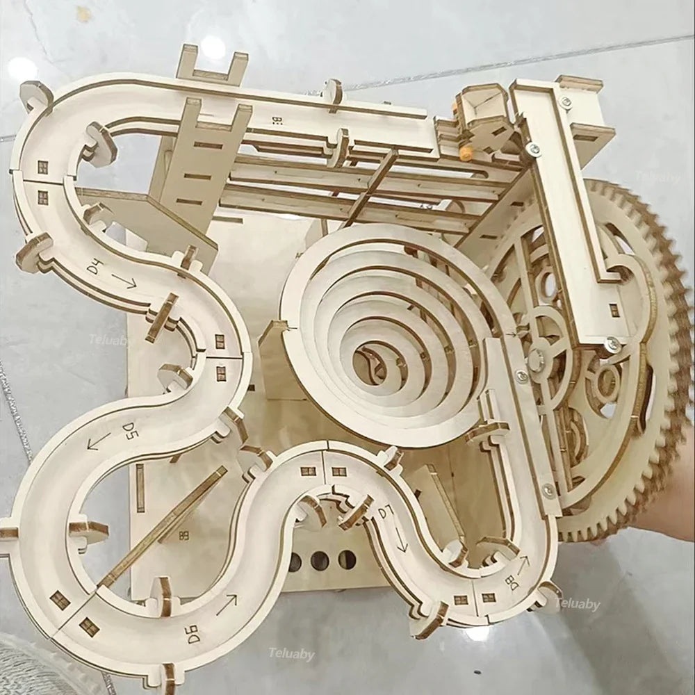 3D Wooden Puzzle DIY Mechanical Model Kit – Marble Run Set with 4 Balls, Assemble Toys for Adults & Kids, Unique Gifts