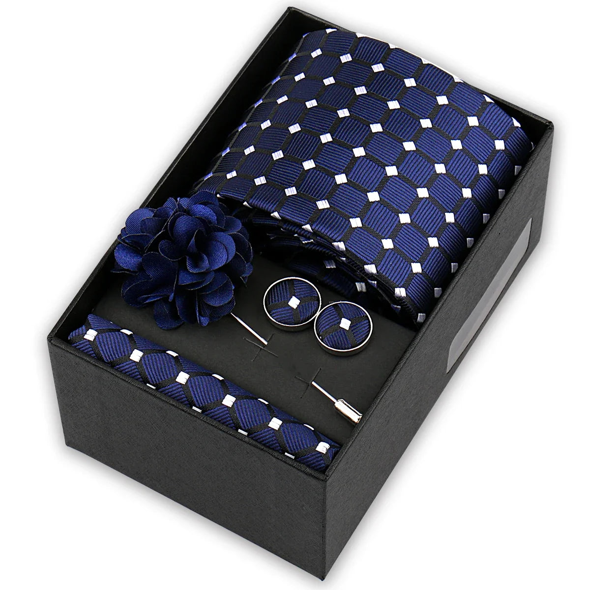 Men’s 4-Piece Tie Set Gift Box - Elegant Necktie with Handkerchief, Cufflinks & Brooch for Business, Wedding & Suit Accessories
