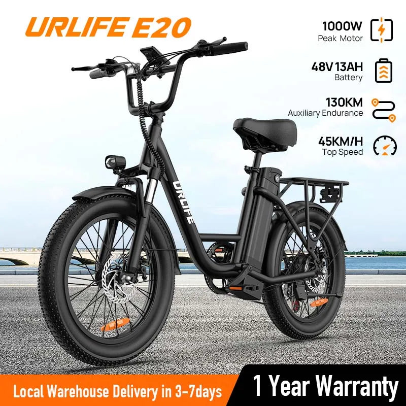 URLIFE E20 Electric Bike 1000W – 48V 13Ah Removable Battery, 20"×3" Fat Tire, 20MPH 7-Speed E-Bike with Dual Disc Brakes