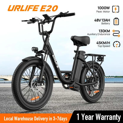 URLIFE E20 Electric Bike 1000W – 48V 13Ah Removable Battery, 20"×3" Fat Tire, 20MPH 7-Speed E-Bike with Dual Disc Brakes