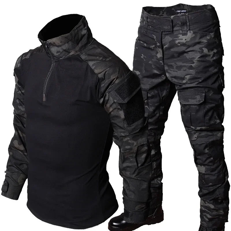Men’s Camo Tactical Uniform Set | Ripstop Airsoft Suit with Multi-Pocket Pants & Training Shirt for Hunting or Paintball