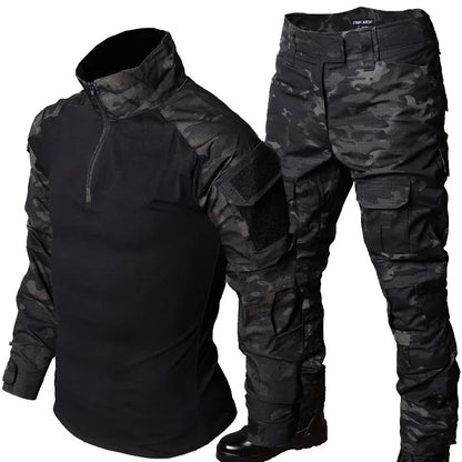 Men’s Camo Tactical Uniform Set | Ripstop Airsoft Suit with Multi-Pocket Pants & Training Shirt for Hunting or Paintball