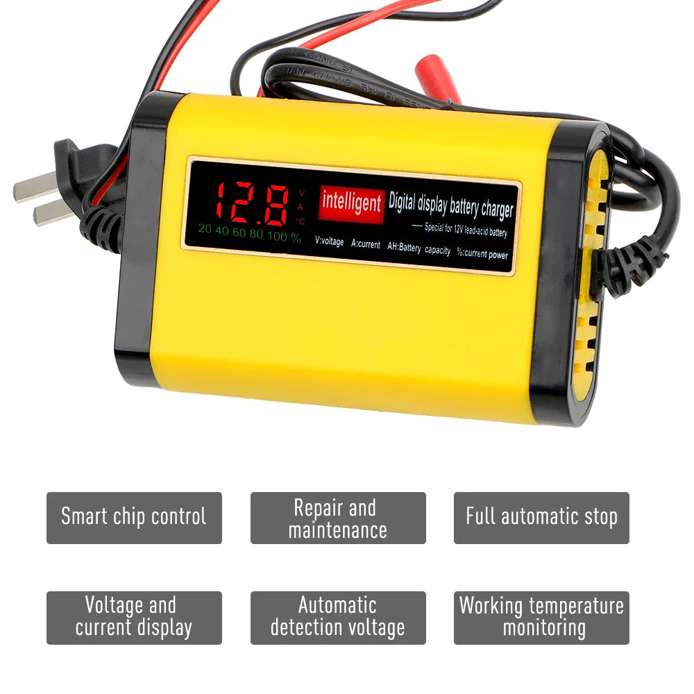 Full Automatic Car Battery Charger - Digital LCD Display, 2A Fast Charging, 3 Stages Lead Acid AGM GEL Battery Chargers
