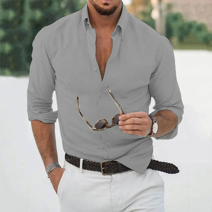 Men’s Cotton Linen Long Sleeve Shirt - Loose Fit Solid Color Casual Lapel Streetwear Top for Autumn