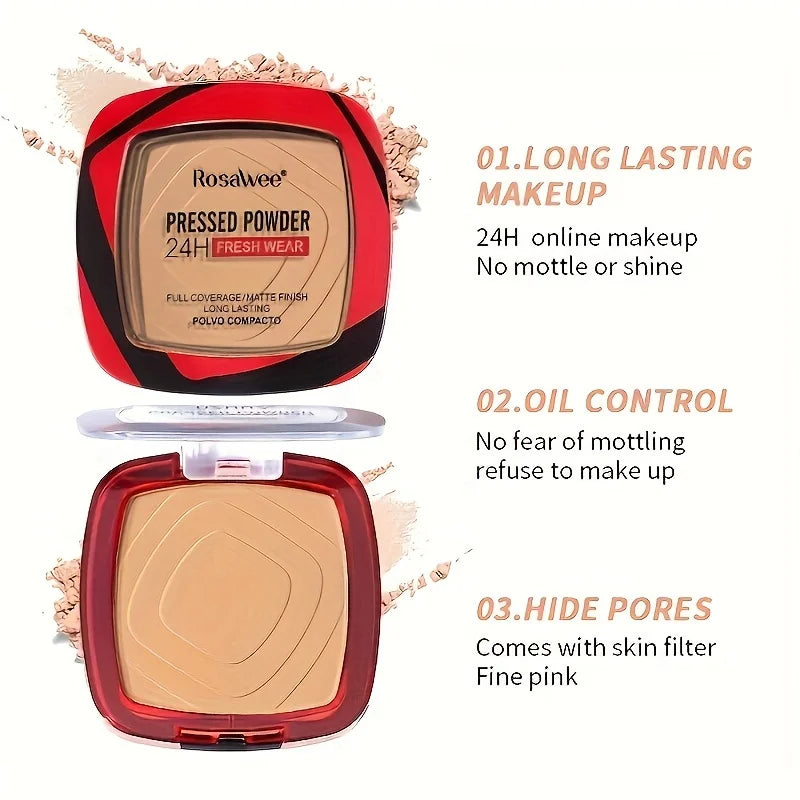 Matte Full Coverage Pressed Powder Foundation - 24H Fresh Wear with Puff Applicator, Weightless Finish Makeup