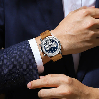 POEDAGAR Men's Luxury Sports Watch – Genuine Leather, Chronograph, Waterproof, Luminous Quartz Wristwatch