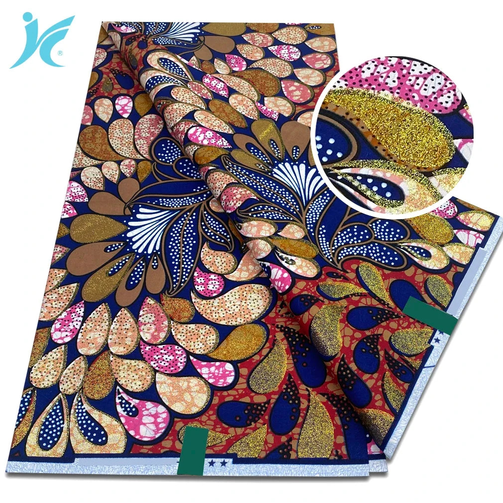New African Grand Super Batik Fabric - Soft Real Print Glitter Gold Ankara Wax Fabric for Dresses & Sewing
