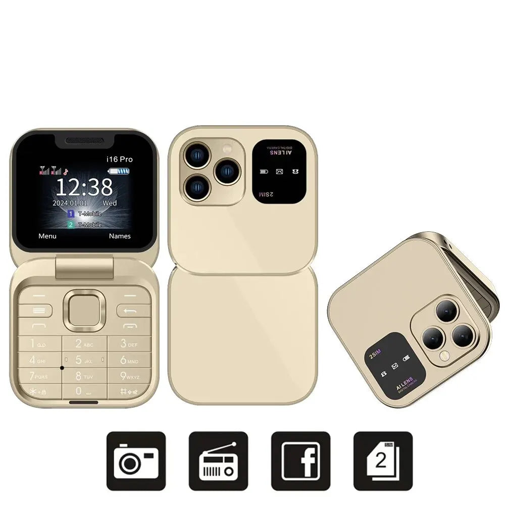 SERVO I16 Pro Mini Fold Mobile Phone — Dual SIM 2G GSM Flip Cellphone with Speed Dial, FM, 3.5mm Jack & Video Player