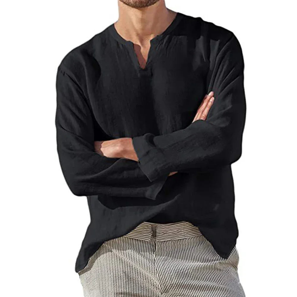 Men's Cotton Linen Long Sleeve Shirt - Breathable V-Neck Casual Lightweight Hawaiian Style Top