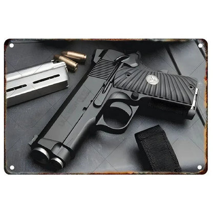 Pistol Metal Wall Sign - Military Style Decoration for Man Cave Home Cafe Bar Garden