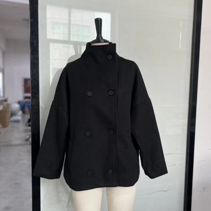 Women’s Short Woolen Coat - Stand Collar Loose Zipper Jacket for Spring Autumn Fashion Outerwear