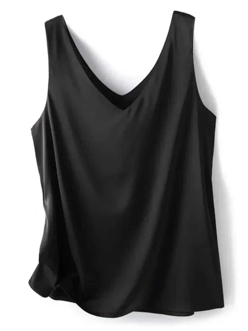 Women's V Neck Satin Silk Top - Sleeveless Acetic Acid Blouse for Elegant Summer Fashion