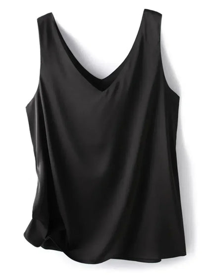 Women's V Neck Satin Silk Top - Sleeveless Acetic Acid Blouse for Elegant Summer Fashion