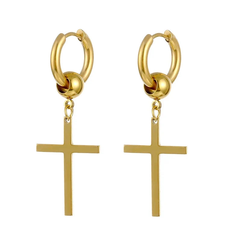 Gold Cross Huggie Hoop Earrings - Minimalist Dangle Charm Jewelry for Men & Women