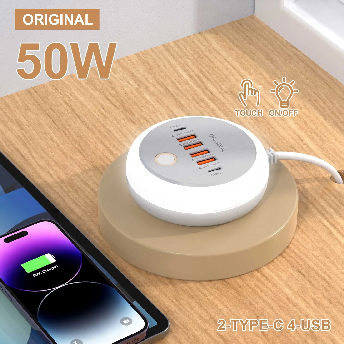 50W 6-Port USB PD Charger - Fast Charging Travel Adapter with Quick Charge 3.0 for iPhone, Samsung & Xiaomi