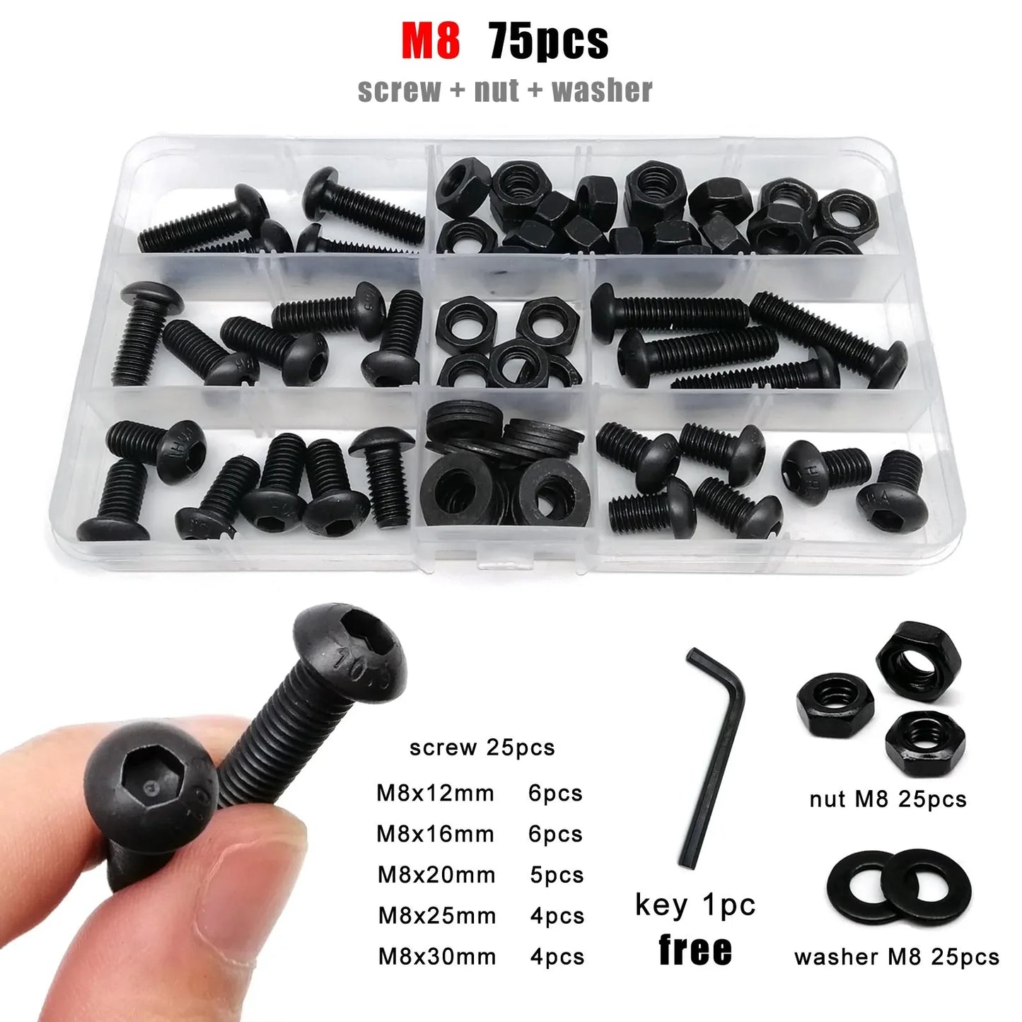 M1.6-M8 Black Grade 10.9 Steel Allen Hexagon Screw Bolt Nut Washer Kit – Round Head Set Box