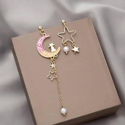 Pearl Moon Asymmetric Earrings - Butterfly Flower Zircon Drop Jewelry for Women Weddings