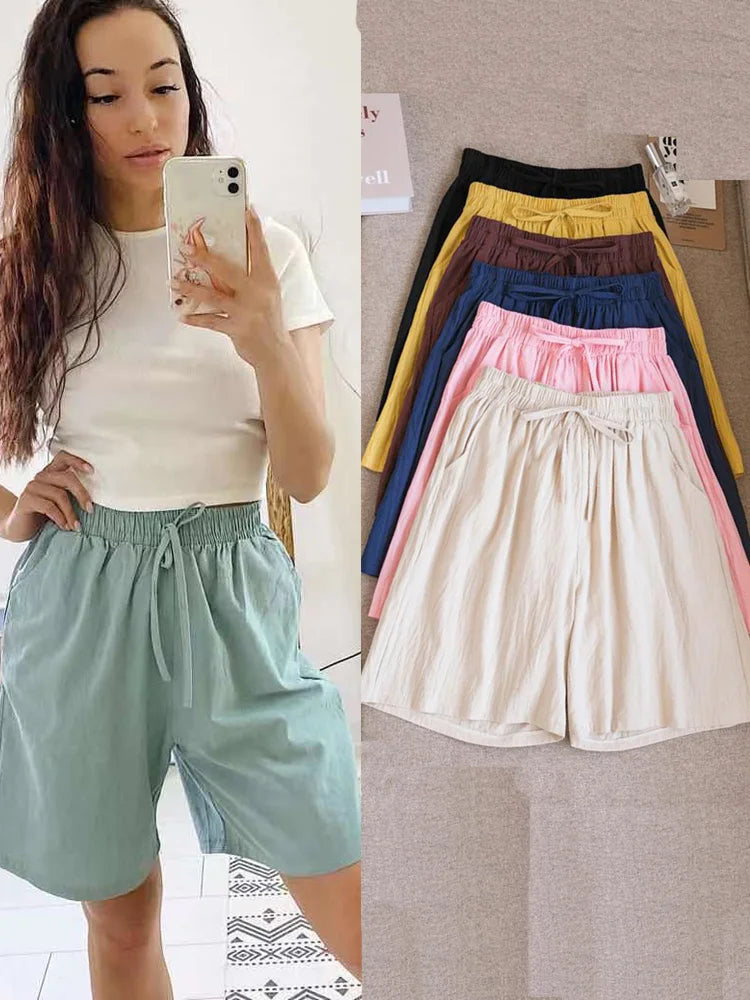 2026 Women's Cotton Summer Shorts - High Waist Loose Fit Casual Shorts with Pockets