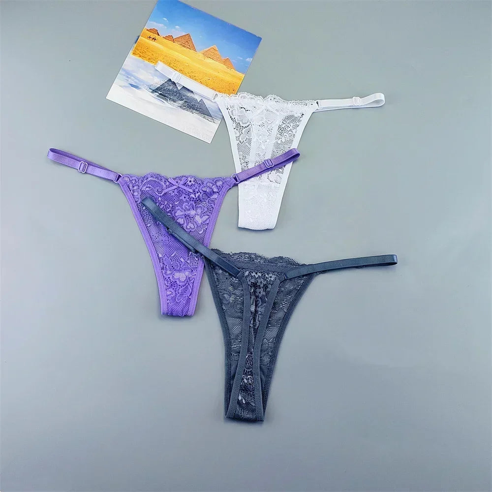 Women's Transparent Lace Thong Set - 3PCS Adjustable Low Waist Sexy T-Back Underwear
